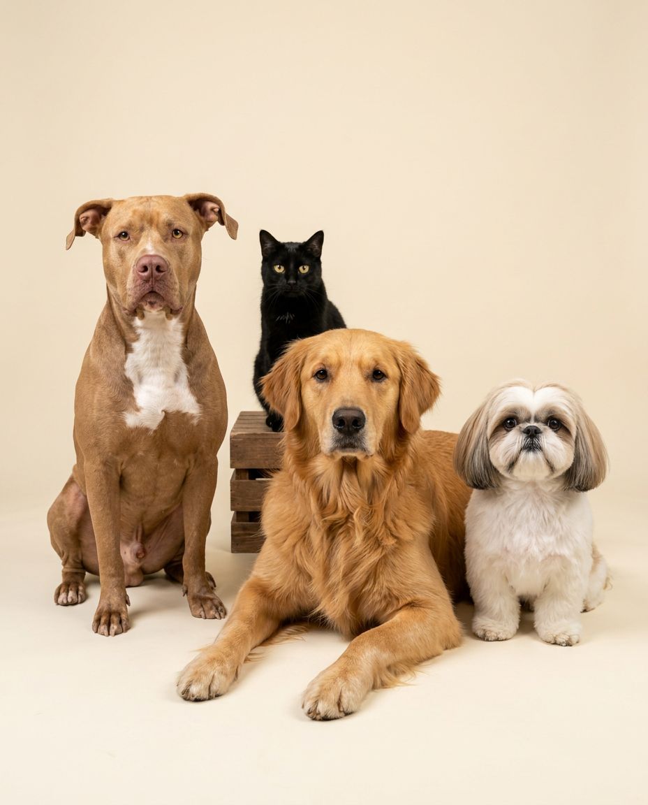 Pitbull sentado, golden retriever deitado com gato preto sobre um caixote de madeira e shih-tzu, em foto de estúdio