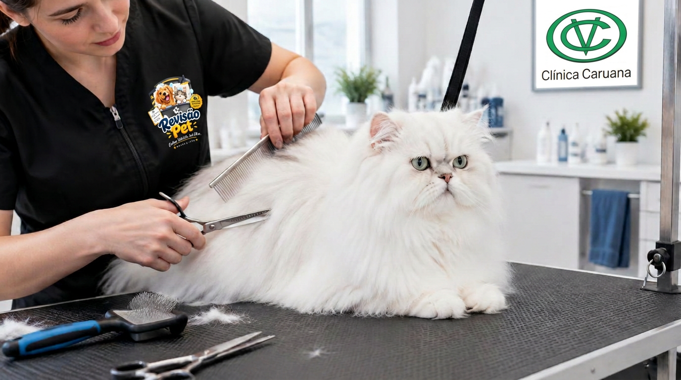 Gato persa branco recebendo cuidados de pelagem com pente e tesoura