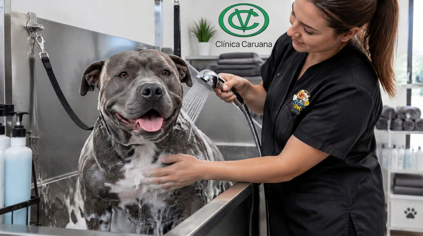 Cão de grande porte tomando banho