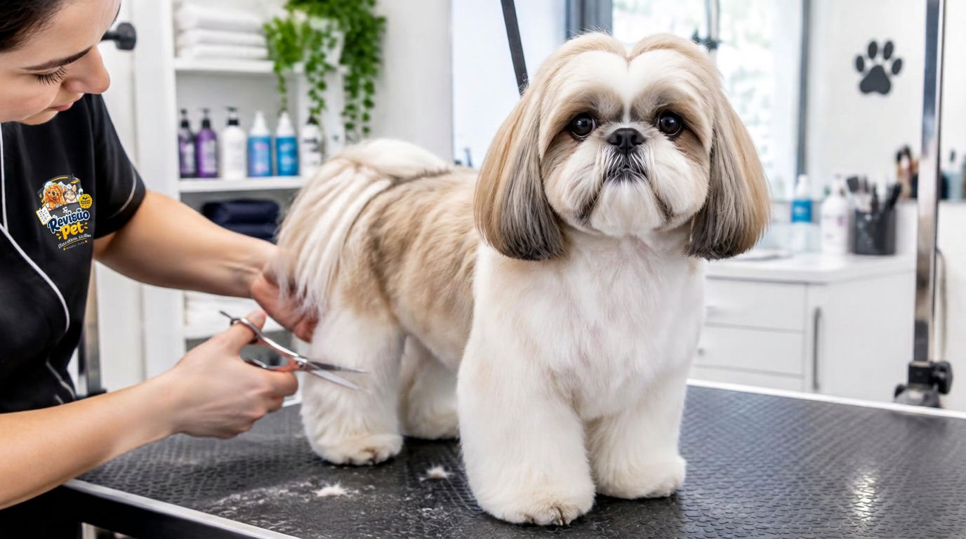 Shih-tzu recebendo acabamento de tosa com tesoura